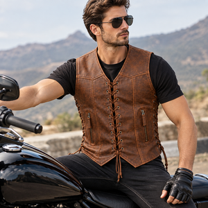 Chaleco de Cuero PU Marrón de Primera Calidad para Hombre, Estilo Motero con Cuello en V y Cordones, con Bolsillos con Cremallera, Otoño 2026 - Product Image 2