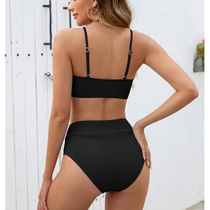 Conjunto de Bikini Clásico Negro para Mujer, Textura Acanalada, Traje de Baño de Dos Piezas, Cintura Alta, Control de Abdomen - Product Image 3