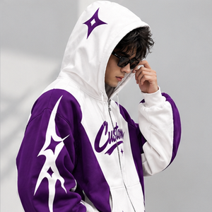 Veste à capuche zippée avec motif graphique blanc et violet, manches contrastées, style streetwear, pour homme et femme. - Product Image 3