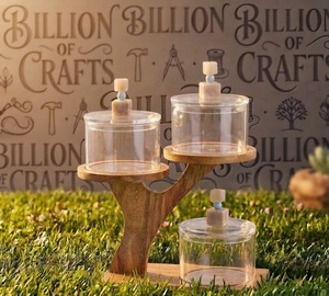 Modern Wooden Stand With 3 Clear Acrylic Plexi Jars For <b>Dry</b> Fruits Chocolate Storage Party Use Cylinder Shape Plastic Lid - Product Image 2