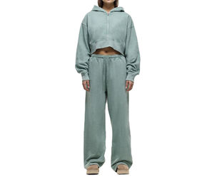 Custom Logo Washed Tracksuit Women Heavyweight Fleece <b>Crop</b> <b>Zip</b> <b>Up</b> Hoodie Wide Leg Sweatpants 2 Piece Set Streetwear - Product Image 3