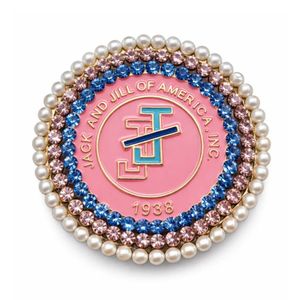 Broche magnétique ronde rose avec bordure perlée en strass bleu, médaillon décoratif, accessoire de mode - Product Image 1