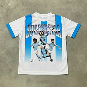 เสื้อยืดฟุตบอลแขนสั้นสีขาวสำหรับผู้ชาย พิมพ์ลายนักเตะสีน้ำเงิน แห้งเร็ว ดีไซน์สปอร์ต คอกลม ทรงปกติ - Product Image 3