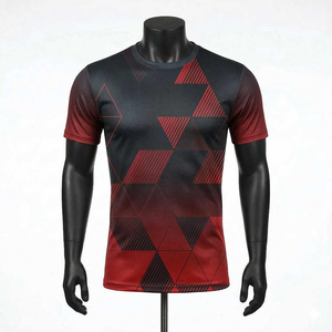 Men's Red Black Geometric Pattern Short Sleeve O-Neck T-Shirt Breathable Knitted Casual Fit Regular Length 220 Grams Front <b>Logo</b> - Product Image 1