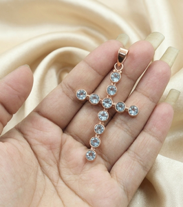 Collar con Colgante de Cruz de Topacio Azul en Plata de Ley 925, Chapado en Oro Amarillo y Oro Rosa, Joyería Cristiana con Piedra de Nacimiento, Regalo para Mujer - Product Image 3