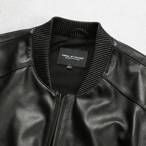 Varsity <b>Jacket</b> Black Baseball Uniform <b>Men's</b> Genuine Leather <b>Jackets</b> Stand Collar Outdoor Sheepskin Coat Windproof <b>Smart</b> Casual - Product Image 3