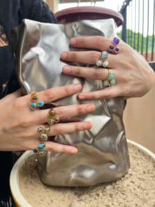 Bagues ajustables unisexes à ouverture frontale, trois pierres, en jaspe unakite naturel, cabochon rond coussin, élégantes et fines - Product Image 4