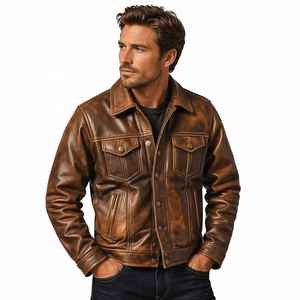 Manufacturer Custom Brown Distressed Cowhide <b>Trucker</b> Leather <b>Jacket</b> Low MOQ OEM Casual Vintage Leather Biker Outerwear for <b>Men</b> - Product Image 3