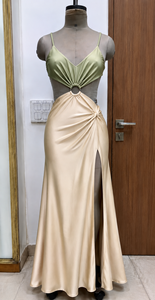 Vestido Maxi Halter Bicolor sin Mangas, de Color Liso, con Corte Drapeado y Aberturas, Ajustado, de Satén, para Primavera, Otoño y Verano, Ideal para Fiestas - Product Image 2