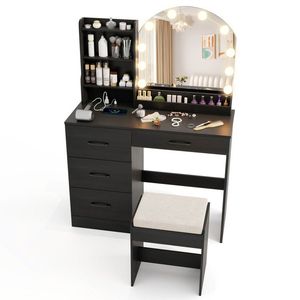 Toeletta Moderna di Lusso con Specchio e Luci, Tavolo da Trucco in Legno e Metallo con Sgabello per Camera da Letto e Appartamento - Product Image 1