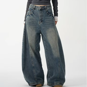 Pantalones Cargo Casuales de Cintura Alta, Pierna Ancha, Transpirables, con Bordado, en Mezclilla Oscura, 100% Algodón, Lavado Ácido, Ligeros, para Mujeres y Parejas - Product Image 1