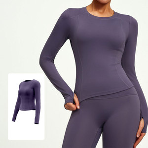 New Luxury Solid Color Crew Neck Compression Shirt Women Yoga Sports Wear <b>Brushed</b> Tight Four-Way Stretch Eco-Friendly Quick Dry - Product Image 3