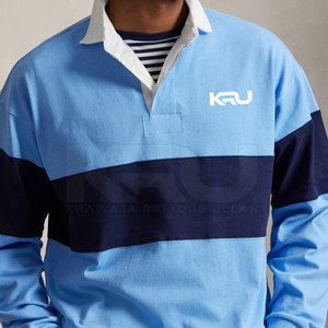 Camiseta de Rugby de Manga Larga para Hombre, Color Azul Marino Claro, con Bloques de Color, Logotipo Bordado, Cuello Camisero, Poliéster que Absorbe la Humedad, Corte Regular - Product Image 2