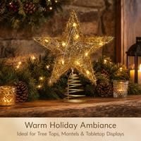 Décor de sommet d'arbre de Noël en fer en forme d'étoile pentagonale avec guirlande dorée, lumières LED chaudes et base à ressort robuste 12x15cm pour la décoration des fêtes