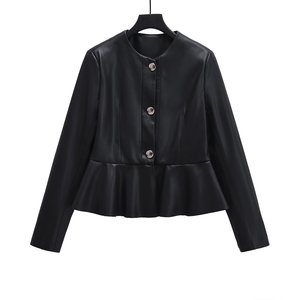 Blazer de Cuero Sintético Negro para Mujer, Manga Larga, Cuello Redondo, Cierre de Botones, Chaqueta Corta de Otoño - Product Image 1