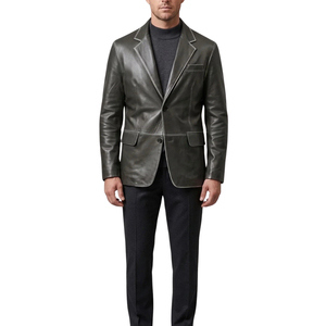 <b>Men's</b> Black Genuine <b>Leather</b> <b>Blazer</b> Solid Smart Casual Suit Jacket Turn Down Collar - Product Image 4
