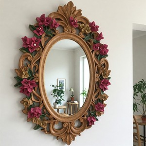 Espejo Ovalado de Madera con Tallado Floral, Hecho a Mano, Decorativo, de Estilo Tradicional, para Montar en la Pared - Product Image 2