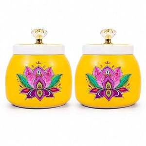 Ensemble de pots à épices en métal avec design lotus, couvercles ronds jaunes hermétiques pour la cuisine - Product Image 1