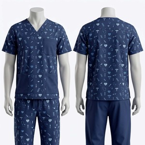 Ensemble de blouses médicales imprimées pour hommes, 180 GSM, coton poly premium, bleu, imprimé médical de dessins animés, logo personnalisé par sublimation, uniforme - Product Image 2