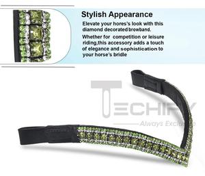 <b>Black</b> Leather Comfortable Horse Brow Band V-Shaped Green Bling Sparkly 3 Row Customized Grooming Accessory MS TECHIFY EXPORTS - Product Image 5