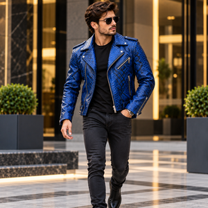 Veste de motard en cuir véritable bleu gaufré pour homme, doublure en soie, fermeture éclair élégante, streetwear haut de gamme - Product Image 5