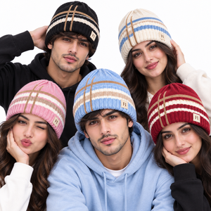 Wholesale Stretch Acrylic Knit Beanies Custom Contrast Stripe Pattern Folded Cuff Logo Patch Winter Cap Unisex <b>Warm</b> Fashion <b>Hats</b> - Product Image 5