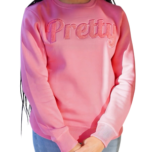 Sudadera AKA de Chenilla Rosa Sólido para Mujer, con Bordado de Letras Griegas, Cuello Redondo, Prenda Premium - Product Image 2