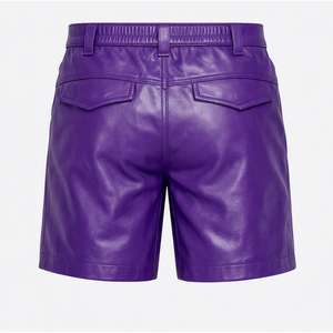 Men's High Waist Leather <b>Shorts</b> With <b>Zipper</b> Pockets Moto Style Solid Color Front Logo Design - Product Image 2