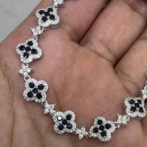 Moissanite Tennis Bracelet Black Agate Clover Sterling Silver Gold Plated <b>Iced</b> Silver Women's Engagement Black Clover Stone - Product Image 2