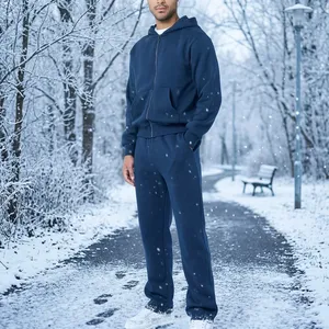 Ensemble de survêtement bleu foncé pour homme, veste zippée à col rabattu et pantalon de sport assorti - Product Image 5