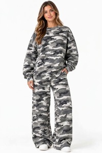 Conjunto casual de dos piezas para mujer, 100% algodón, con estampado de camuflaje, sudadera de cuello redondo y pantalones de pierna ancha, manga larga - Product Image 4
