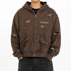 Custom Unisex Heavyweight Distressed Acid Wash <b>French</b> Terry 100% Cotton Zip-Up Hoodie <b>Vintage</b> Ripped Double Layer Winter - Product Image 1