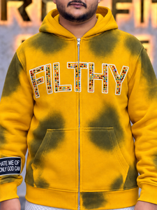 Sudadera con capucha y cremallera para hombre, estilo urbano oversize, de forro polar, con pedrería, diseño de logotipo frontal y estampado tie-dye amarillo y verde - Product Image 3