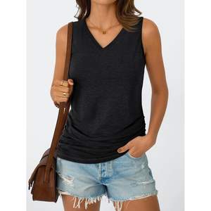 2025 camisetas sin mangas fruncidas con cuello en V para mujer, trajes básicos de verano de punto, ropa informal elegante, mono de moda - Product Image 5