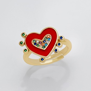Anillo Ajustable de Plata de Ley 925 con Baño de Oro Amarillo, Esmalte Rojo y Circonita Cúbica Arcoíris, Joyas Memoria, Venta al Por Mayor - Product Image 1
