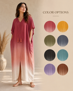 Robe longue kaftan bohème rose tie-dye personnalisée OEM pour femme, col en V, coupe moderne, 100 % coton écologique, toutes saisons, paréo de plage - Product Image 3