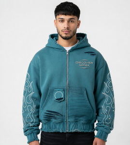Sweat à capuche zippé unisexe en molleton épais, coupe oversize, délavé à l'acide et effet soleil, avec impression sérigraphiée personnalisée et strass, pour l'hiver et le streetwear - Product Image 3