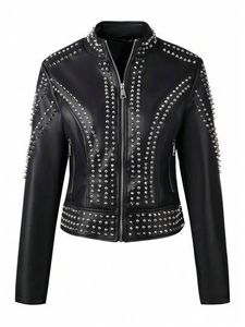 Black Studded Leather Motorcycle <b>Jacket</b> Men Plus Size Short Zipper Turn-down Collar Regular Sleeve Moto Biker Style - Product Image 1