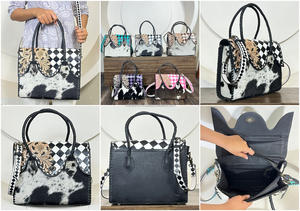 Nouveauté : Sac fourre-tout en cuir de vachette véritable à carreaux, avec décorations florales, élégant, pour femme, à porter à l'épaule ou en bandoulière, pour un usage quotidien - Product Image 3