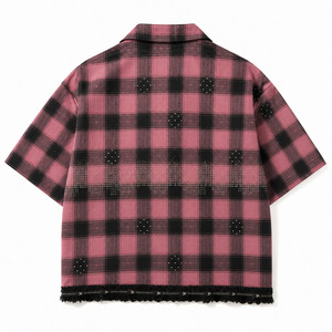 <b>Y2K</b> harajuku OEM Rhinestone Plaid Camp Collar <b>Shirt</b> Custom <b>Y2K</b> Men's Cropped Oversized Boxy Streetwear Button-Up Wholesale - Product Image 4