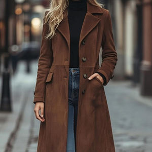 Abrigo largo de cuero genuino de gamuza para mujer, elegante prenda de invierno adecuada para el uso diario y un estilo de vida relajado. - Product Image 4