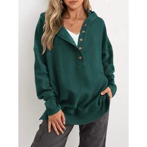 Sudadera informal de mujer personalizada 2025 de manga larga oversize con botones, cuello en V y abertura lateral, estilo jersey de moda - Product Image 2