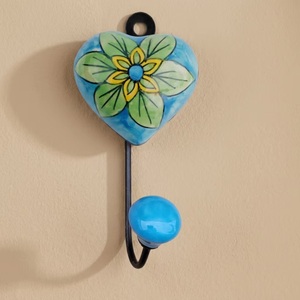 Ba Ceramic Heart Wall Hook Floral Design Handmade Eco-Friendly Vintage Self-adhesive Blue Green Yellow Flower Pattern Hook - Product Image 3