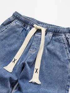 Jean cargo délavé bleu clair pour homme, coupe droite, taille élastique, 100 % coton, style streetwear décontracté, pantalon à cordon de serrage, vintage - Product Image 2