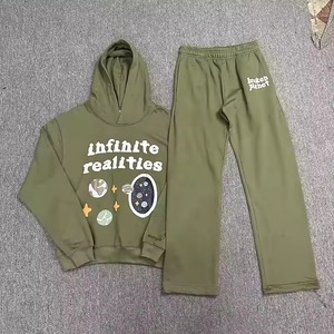 Ensemble sweat à capuche et pantalon Infinite Realities vert olive en polyester/coton, survêtement décontracté unisexe adulte, polaire respirant pour l'hiver - Product Image 1