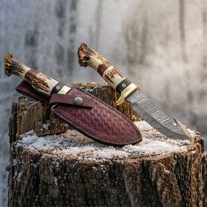 Damascus Steel Hunting Knife With Antler Handle Drop Point Blade Straight Edge 0.7mm Thickness DIY Craft <b>Tool</b> - Product Image 5