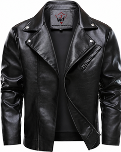 <b>Men</b>’s Black Leather <b>Biker</b> <b>Jacket</b> with Asymmetrical Zip, Lapel Collar, Chest Pocket and Modern Slim Fit - Product Image 5