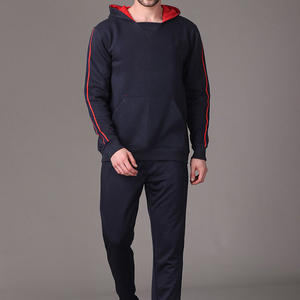 Custom Men’s Navy Blue Pullover <b>Hoodie</b> with <b>Red</b> Contrast Hood Lining Sleeve Piping and Kangaroo Pocket - Product Image 5