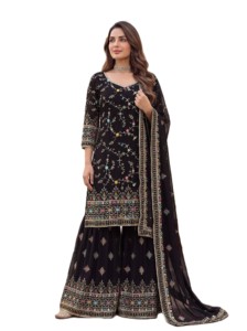Salwar Kameez noir brodé en faux georgette, robe de mariée traditionnelle pour femme, longueur ras du sol, style Sharara Inde Pakistan, livraison rapide - Product Image 4