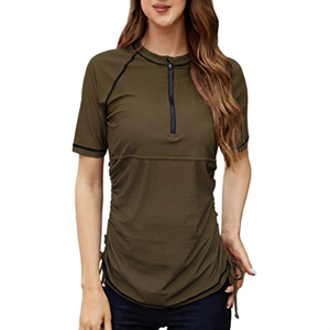 เสื้อว่ายน้ำแขนสั้นสำหรับผู้หญิง สีดำ สีฟ้าอมเขียว ลายต้นปาล์ม คอกลม - Product Image 4